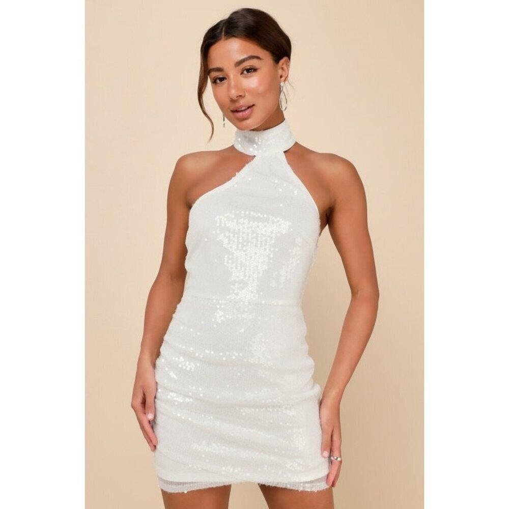 Lulus Sensational Purpose White Sequin Halter Tulip Mini Dress - Size S